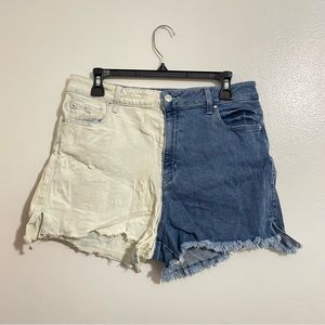 Guess Claudia High Rise Two Toned Color Block Denim Blue and White Slit Shorts